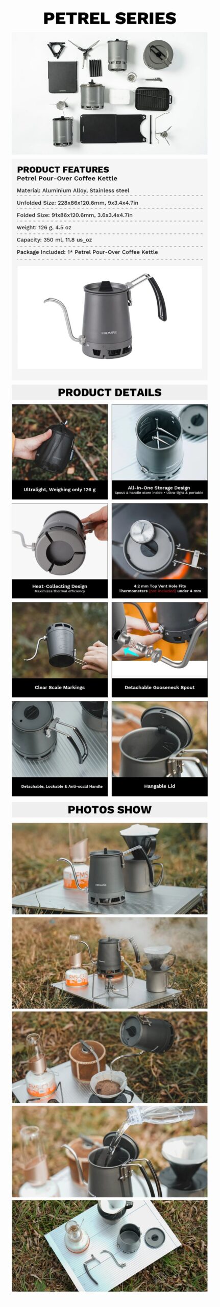 Fire-Maple Petrel Pour-Over Coffee Kettle Gooseneck Spout Coffee Pots Detachable Spout Handle Portable Foldable HX Kettle