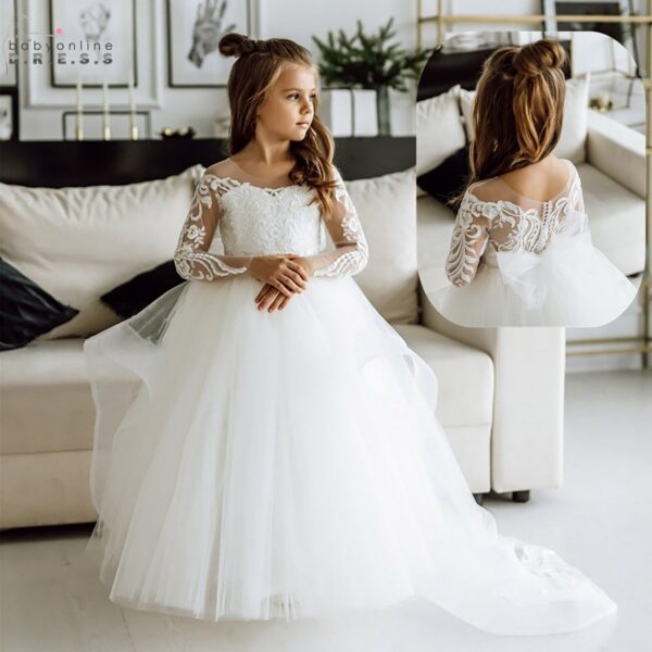 Girls Flower Girl Dresses 2022 Lace Christmas Dress Kids First Communion Party Princess Ball Gown Bridesmaid Wedding with Train