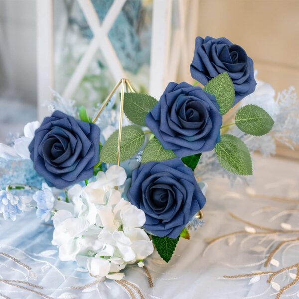 Mocoosy 50Pcs Roses Artificial Flowers, Navy Blue Fake Roses for Decorations, Real Touch Foam Rose with Stems Bulk for DIY Wedding Bouquets Centerpieces Arrangements Valentine's Day Party Home Decor