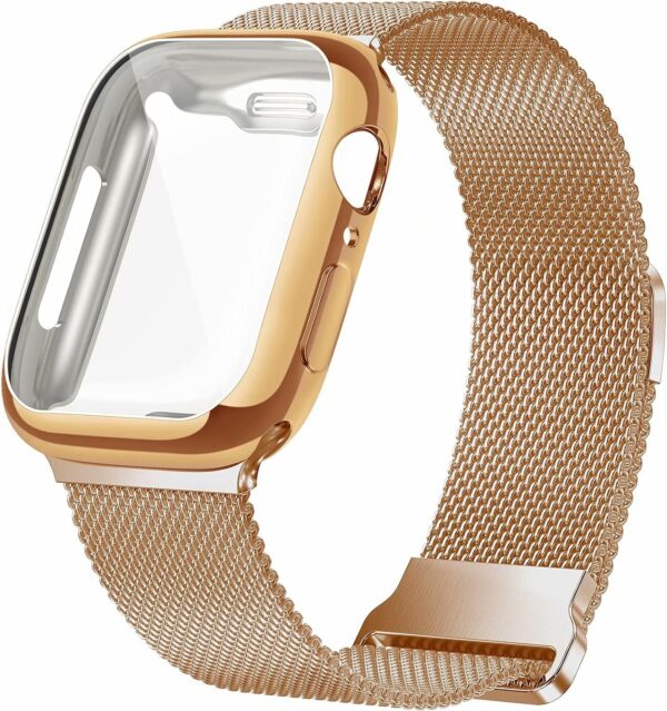 Geoumy Metal Magnetic Bands Compatible for Apple Watch Band 41mm with Case, Stainless Steel Milanese Mesh Loop Replacement Strap Compatible with iWatch Series 8/7/6/5/4/3/2/1 SE Women Men,Brown Gold
