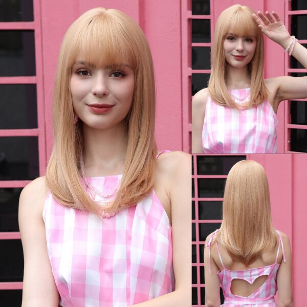 c3deb8942f395179 FERRE Black Pink Ombre Synthetic Cosplay Long Straight Layered Wigs with Bangs for Women Heat Resistant Fake Hair