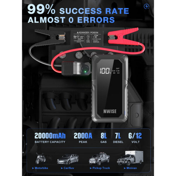 NWISE 2000A Power Bank Jump Portable Emergency Starter Auto Car Battery Charger Booster 12V Starting Device