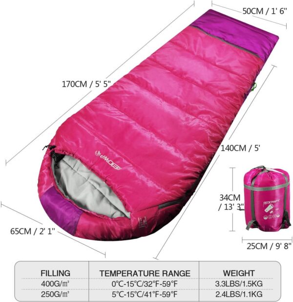 REDCAMP Kids Sleeping Bag, 3-4 Season Childrens Sleeping Bags for Warm or Cold Weather, Ideal for Camping, Hiking, Backpacking, Traveling, Outdoors