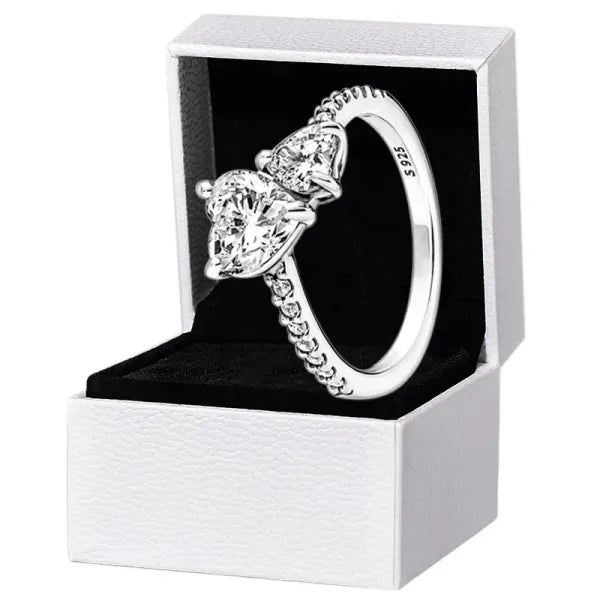 New arrival Double Heart Sparkling Ring Solid Sier Women girlfriend Gift Jewelry For Lover CZ diamond P brand finger nail Rings with Original box Set