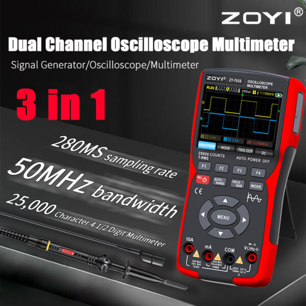 ZOYI ZT703S 3in1 Digital Multimeter 50MHz Bandwidth 280MS Rate PC Waveform Data Storage Dual Oscilloscope Signal Generator