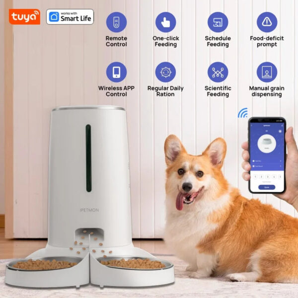 WiFi Automatic Cat Feeders for 2 Cats, 4L Cat Food Dispenser with APP Control, Double Stainless Steel Bowls, Low Food Alarms