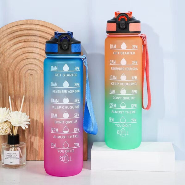 c44c72fc48762b02 1pc 1000ml Large Capacity Gradient Water Bottle,Water Bottle Straw 1 Litre Leakproof with Time Marker,for Sports Fiess