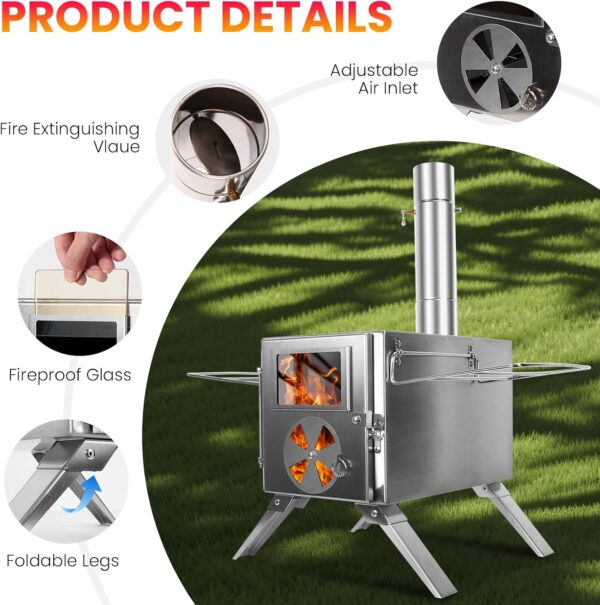 LAMA Tent Camping Stove, Portable Folding Stainless Steel Wood Stove with Chimneys and Gloves, Wood Burner for Tents, Hiking, Cooking, Heating, Camping, Silverwhite