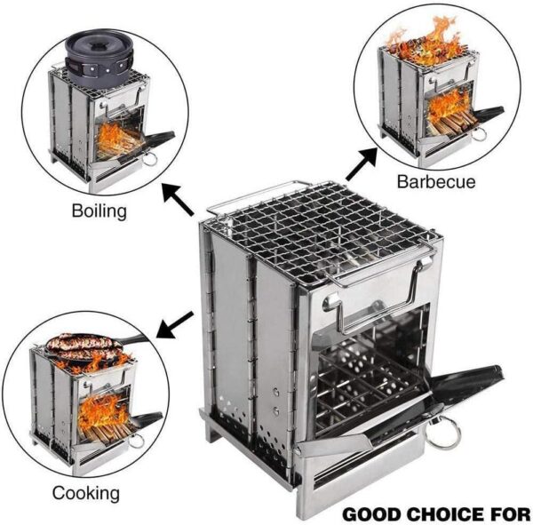 Camping Wood Burning Stove,Stainless Steel Compact Portable Foldable Camping with Ash Catcher,Grill Grid, Storage Bag for Backpacking Hiking Camping Cooking BBQ Picnic (Silver Small)