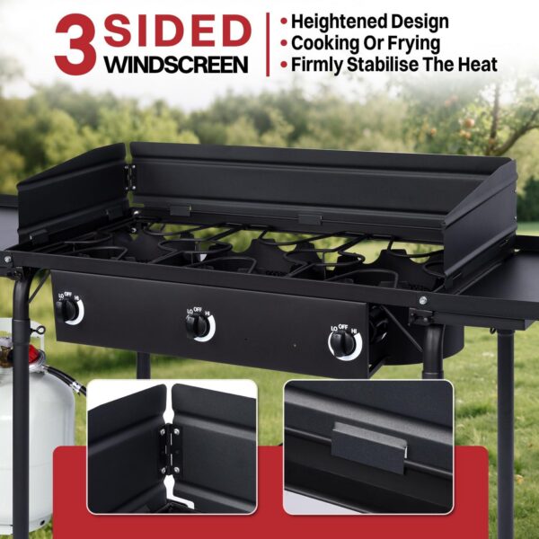 c54f057407bf08f0 3 Burner Propane Camp Stove | 225,000 BTU Gas Burners | Side Shelves | Windscreen | Waterproof Cover | Detachable Legs | Ideal for Camping Backyard Outdoor Cooking