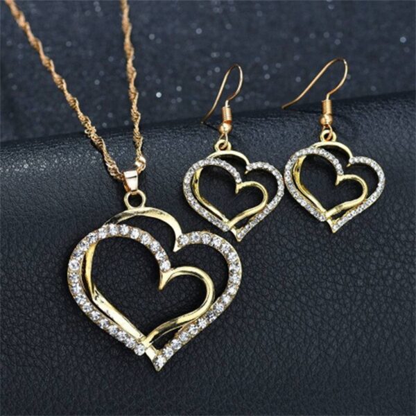 3 Pcs Shaped Of Earrings Pendant Necklace For Women Exquisite Fashion Rhinestone Double Heart Jewelry Set