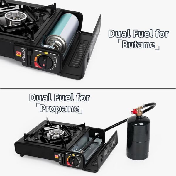 c5982c71b2ecd72c SHINESTAR Dual Fuel Stove with Butane & Propane Compatibility, Portable Camping Stove for Outdoor Cooking, Propane Adapter Hose and Carrying Case Included, 7800 BTUs Output
