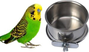 Pet Bird Food Feeding and Drinking Hanging Cup Clamp Holder Stainless Steel Hanging Bowl for Parrot Macaw African Greys Budgies Parakeet Cockatiels Conure Lovebirds Finch Pigeon Cage