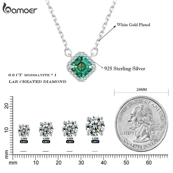 BAMOER Square Green Moissanite Sterling Sier Pendant White Gold Plated VVS1 Lab Diamond Necklace for Women