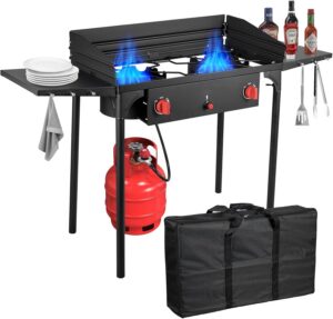 c6795f9f45e8afb0 2 Burner Gamping Stove with Windpanel& Side Shelves, Bag, Auto Ignition Button,Regulator,150,000 BTU Camping Stove Propane Burner for Outdoor BBQ&Backyard Cooking Camping Home
