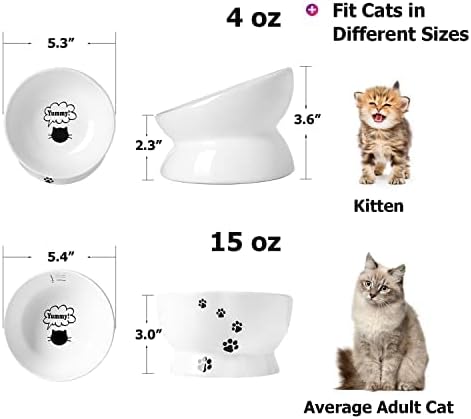 Y YHY Raised Cat Food Bowl Set, Ceramic, Tilted Elevated Bowls, 2 Bowls, 3.6 in & 3 in, White