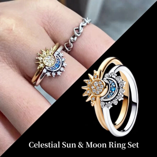 Hot Sale Sterling Sier Gold Moon and Sun Ring Set Diamond Heart Sparkling Rings for Women Fine Jewelry Party Gift Charming