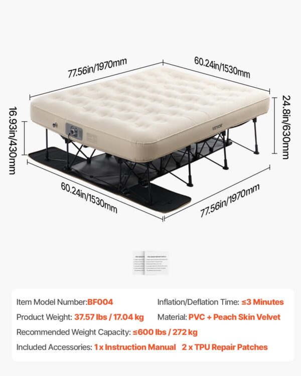 c7c2723e134c3262 VEVOR Air Mattress with Frame, Inflatable 2 Person Camping Cot with Built-in Pump, Portable Folding Air Beds Supports 600 lbs, Blow Up Bed for Guests Camping Travel Indoor & Outdoor Use