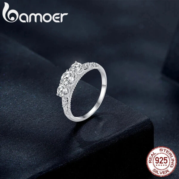 BAMOER 1.1CTTW Round Moissanite Ring for Women, White Gold Plated D Color VVS1 Lab Diamond 925 Sterling Silver Engagement Ring