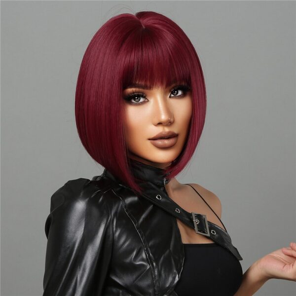 c7f4d73d1b94b8f7 Short Wine Red For Women Bury Bob Wigs With Thick Bangs Heat Resistant Synthetic Wig