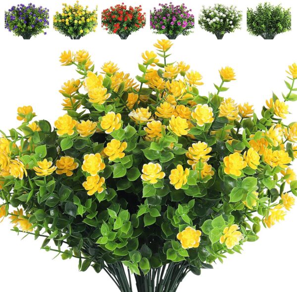 c85a6ffa9321c1de RECUTMS 12 Bundles Outdoor Artificial Flowers UV Resistant Fake Boxwood Plants, Faux Greenery for Indoor Outside Hanging Plants Garden Porch Window Box Home Wedding Farmhouse Décor(Yellow)