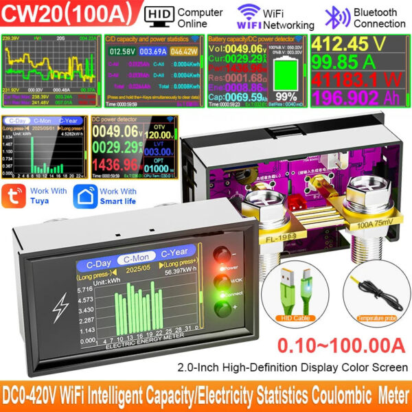 c89159446173fefa CW20 DC0-420V WiFi Tuya Smart Digital Lithium Battery Capacity Detection Tester DC Display Voltage Current Power Coulomb Meter