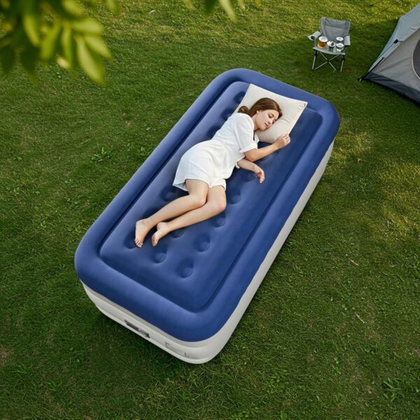 Bonnlo Twin/Queen Air Mattress with Built-in Pump 18" Raised Blow Up Mattress Soft Flocked Top Leakproof Inflatable Bed with Carry Bag for Outdoor & Indoor Use Camping (Blue, Twin)
