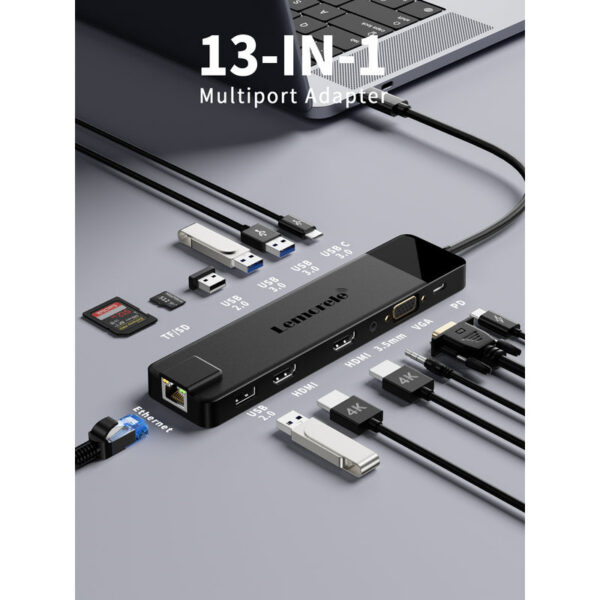 Lemorele 4K Hub C to Dual HDMI Gigabit Docking Station USB 3.0 VGA Adapter SD Card Readers for Windows Book Air
