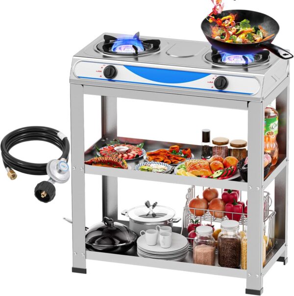 c9177c776182c3e9 2 Burner Propane Gas Stove,19000BTU Portable Gas Stove with Support Leg Stand and Adapter Auto Ignition Camping Stove,propane burner for RV, Apartment, Outdoor Cooking