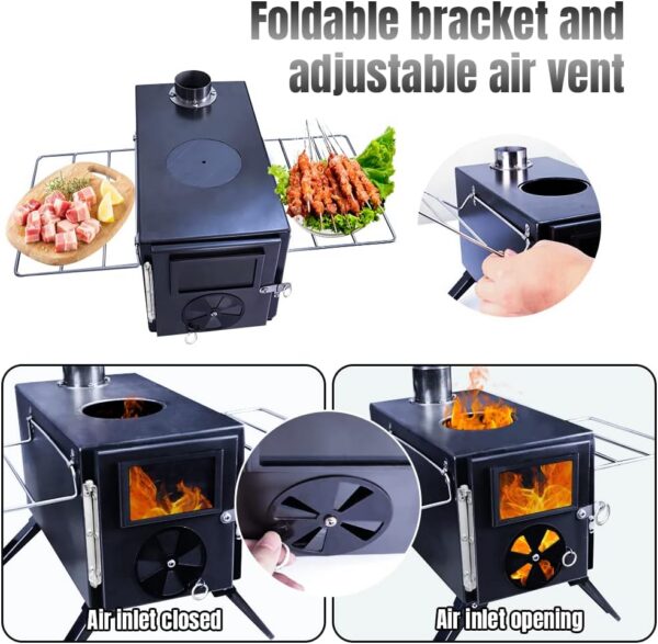 Fitinhot Camp Wood Stove, Tent Wood Burning Stoves Portable with Chimney Pipes, Upgraded Titanium Surface Camping Stove, Heat Resistant Glass & Gloves for Outdoor (Black)