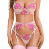 c9807409963daaa2 Kaei&Shi Floral Embroidered, Underwire, G-String, Garter Belt, 4 Pieces Lingerie