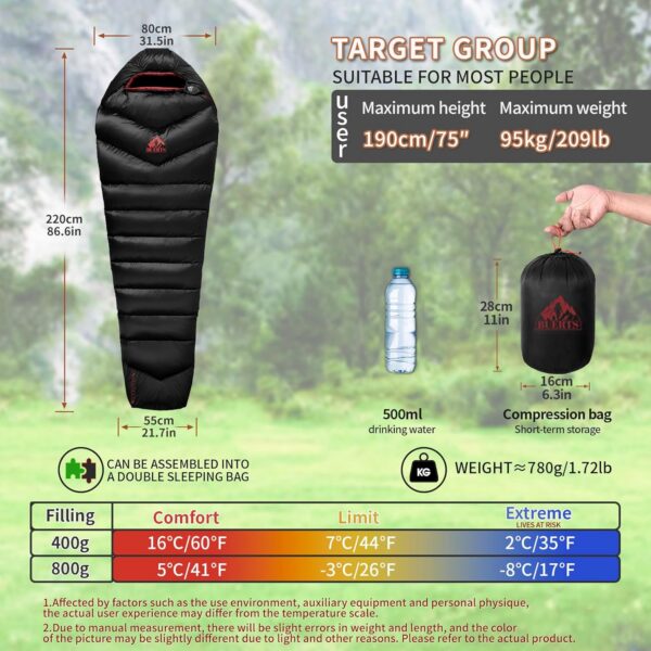 BUERTS Down Sleeping Bag,Ultralight and Warm,Sleeping bag for adults suitable 3 seasons use,lightweight is highly portable and ideal for hiking,backpacking and camping.