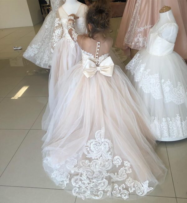 BABYONLINE Long Sleeve Flower Girl Dresses For Wedding Guest Kids Bridesmaid With Bow White Ivory Lace Tulle First Communion