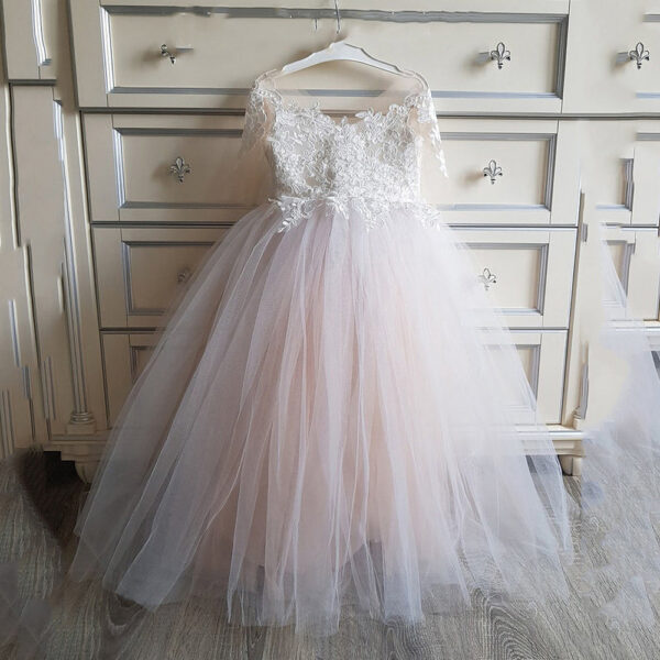 New Lace Tulle Flower Girls Dresses Up White for Child Wedding Parti Bridesmai Maxi Ball Gown Communion Evening