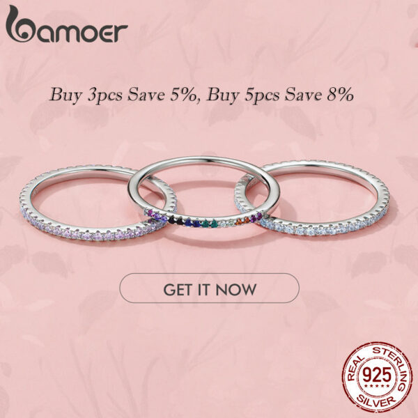 BAMOER Sterling Sier CZ Simulated Diamond Stackable Ring Platinum Plated Eternity Bands for Women