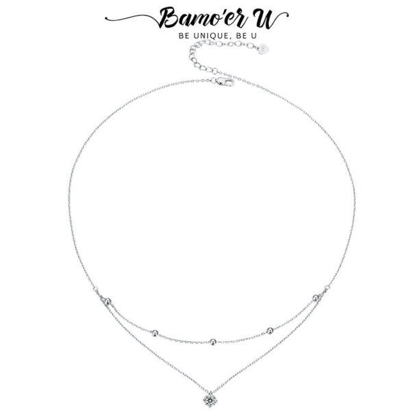 Bamoer U 0.5CT Double Layers Moissanite Necklace Adjustable Round Beads Chain Water Drop Pendant for Women Engagement Gift