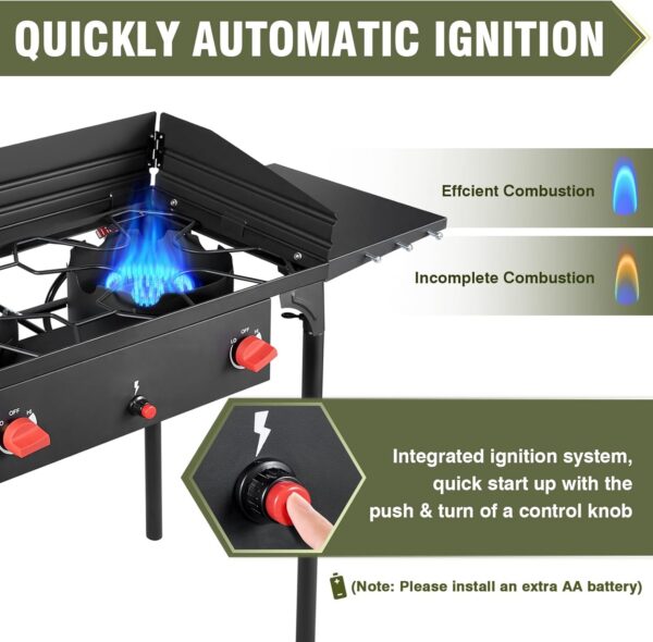 cb2b390aa7cac5dd 2 Burner Gamping Stove with Windpanel& Side Shelves, Bag, Auto Ignition Button,Regulator,150,000 BTU Camping Stove Propane Burner for Outdoor BBQ&Backyard Cooking Camping Home