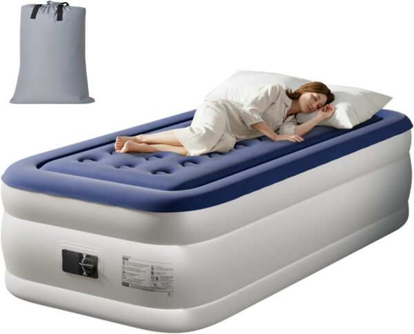 Bonnlo Twin/Queen Air Mattress with Built-in Pump 18" Raised Blow Up Mattress Soft Flocked Top Leakproof Inflatable Bed with Carry Bag for Outdoor & Indoor Use Camping (Blue, Twin)