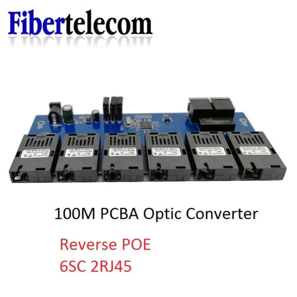 Reverse POE Switch 100M PCBA Board Fiber Optic Media Converter 2 RJ45 to 6 SC Optic Connector  3A+3B Ports 20KM Ethernet