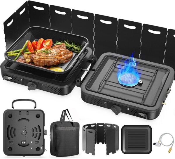 cb7155806131717e 2 Burner Portable Camping Stove Propane, Folding Propane Stove for Camping, Camp Stove with 17,000 BTU,Two Adjustable Burners Gas Camping Stove with Carrying Bag for Outdoor Cooking,BBQ