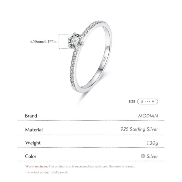 Modian Solid 925 Sterling Silver Simple Round Clear CZ Finger Rings For Women & Girls Cassic Wedding Statement Fine Jewelry Gift
