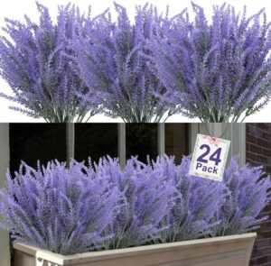 cbc104f4de9526e9 Ouddy Decor 24 Bundles Artificial Lavender Flowers Fake Plastic Purple Flowers Outside UV Resistant for Home Wedding Kitchen Garden Patio Window Box Centerpieces Indoor Outdoor Decor (Gray Purple)
