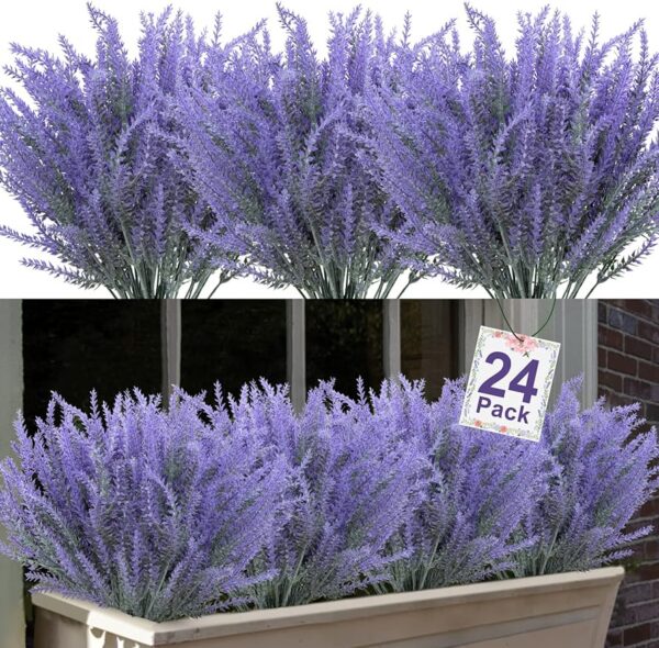 cbc104f4de9526e9 Ouddy Decor 24 Bundles Artificial Lavender Flowers Fake Plastic Purple Flowers Outside UV Resistant for Home Wedding Kitchen Garden Patio Window Box Centerpieces Indoor Outdoor Decor (Gray Purple)