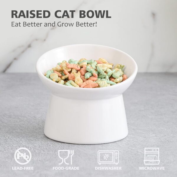 White Small Ceramic Raised Cat Bowls, Tilted Elevated Food or Water Bowls, Stress Free, Backflow Prevention, Dishwasher and Microwave Safe, Lead & Cadmium Free