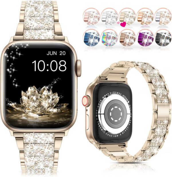 LELONG Compatible with Apple Watch Band 38mm 40mm 41mm Series 9 Series 8 7 6 5 4 3 2 1 SE Ultra, Bling Replacement Bracelet iWatch Band, Diamond Rhinestone Stainless Steel Metal Wristband Strap