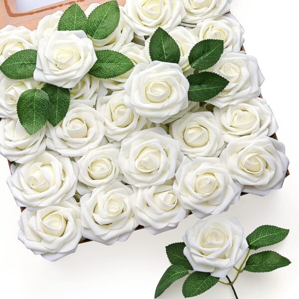 Mocoosy 50Pcs Artificial Rose Flowers, Burgundy Fake Roses for Decorations, Real Touch Foam Rose Bulk with Stems for DIY Wedding Bouquets Bridal Shower Centerpieces Valentine's Party Home Table Decor