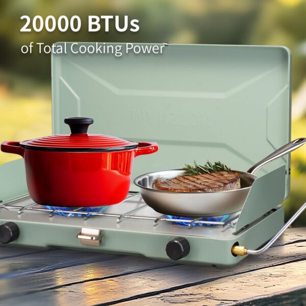 VANSTON 2-Burner Propane Camping Stove, 20,000 Total BTUs, Wind Guards, Adjustable Burners, Instant Push-Button Ignition, Suitable for Backyard BBQs, Beach Cookouts, Tailgating