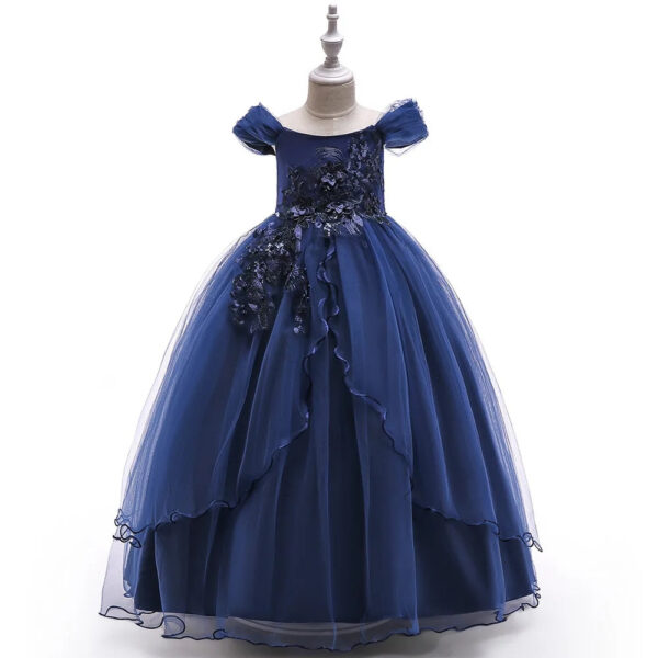 Off-shoulder Long For Girls Kids Flower Embroidered Wedding Gown Host Performance Dress