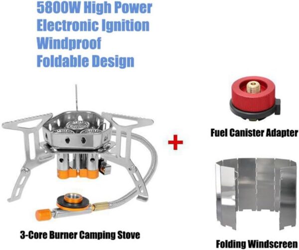 cd4ca34ff28cd8e0 3-Core Burner Camping Stove with Fuel Canister Adapter, Folding Windshield and Storage Case, Portable Collapsible Camp Stove Set for Outdoor Backpacking Hiking Picnic