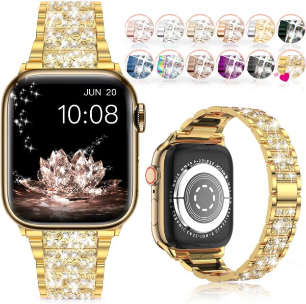 LELONG Compatible with Apple Watch Band 38mm 40mm 41mm Series 9 Series 8 7 6 5 4 3 2 1 SE Ultra, Bling Replacement Bracelet iWatch Band, Diamond Rhinestone Stainless Steel Metal Wristband Strap